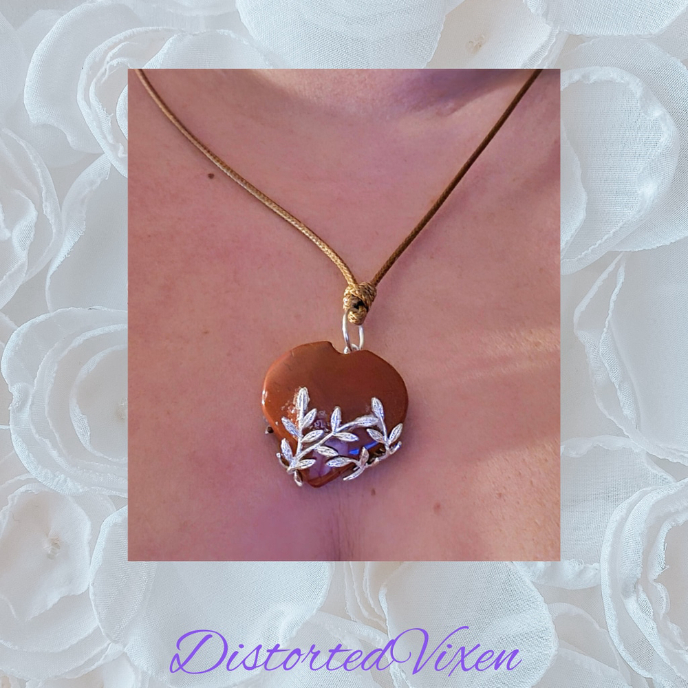 Red Jasper Heart Necklace with Silver Vine Detail Adjustable Cord